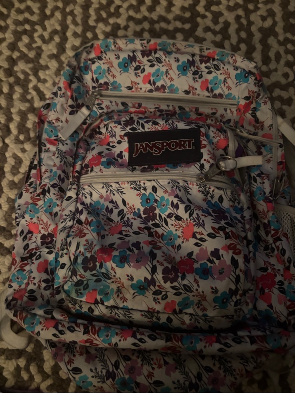 Jansport White Floral Backpack with Blue, Pink, Coral, Purple Accents